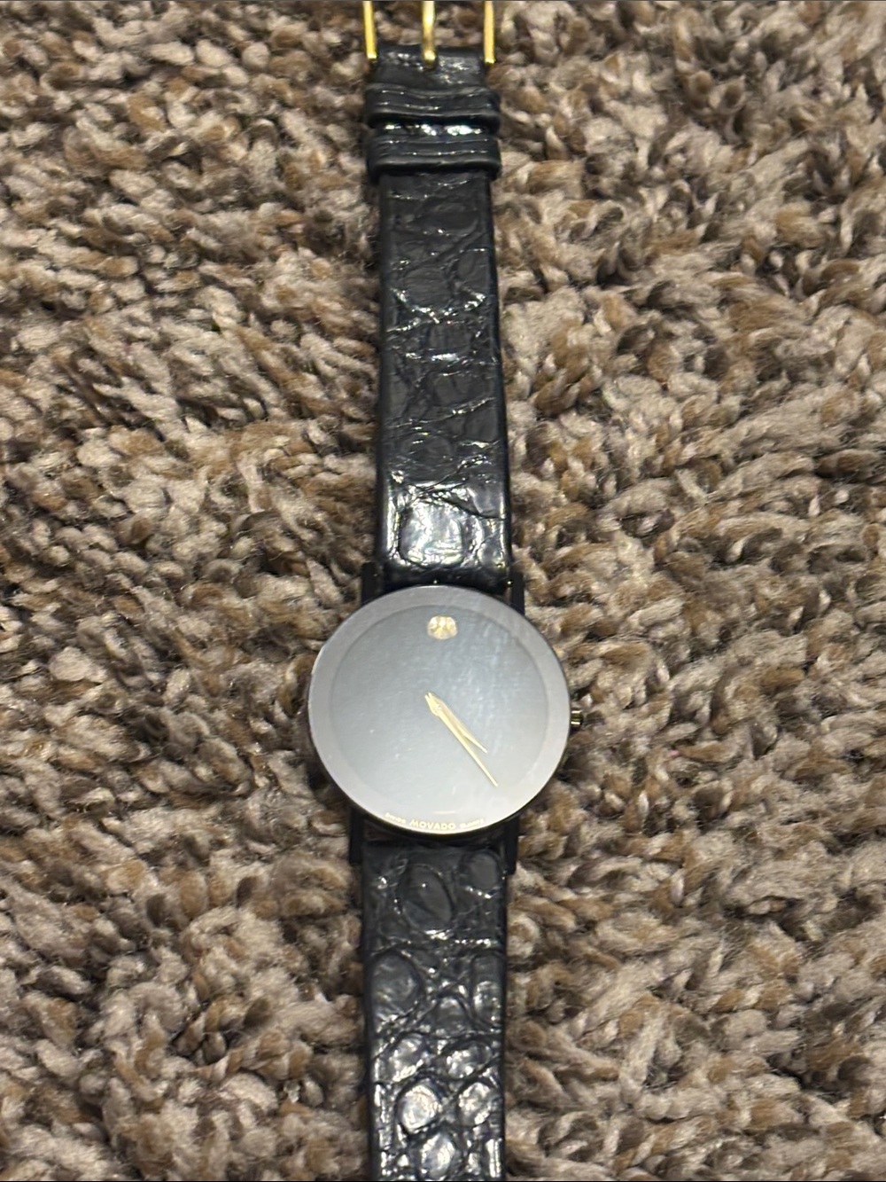 Movado Black Leather Watch with Gold Hands